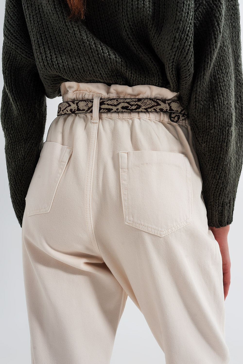 Paperbag waist straight leg jeans in cream - Coloured Jeans