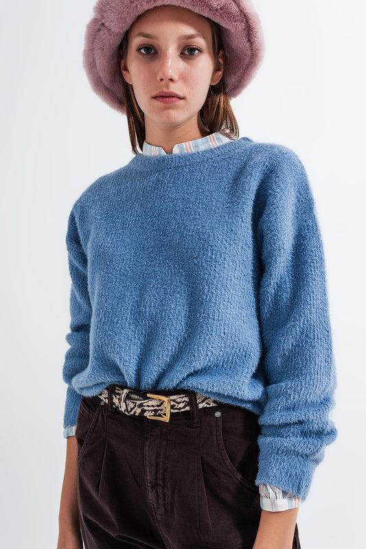 Crew neck jumper in rib with fluffy yarn in blue - jumper