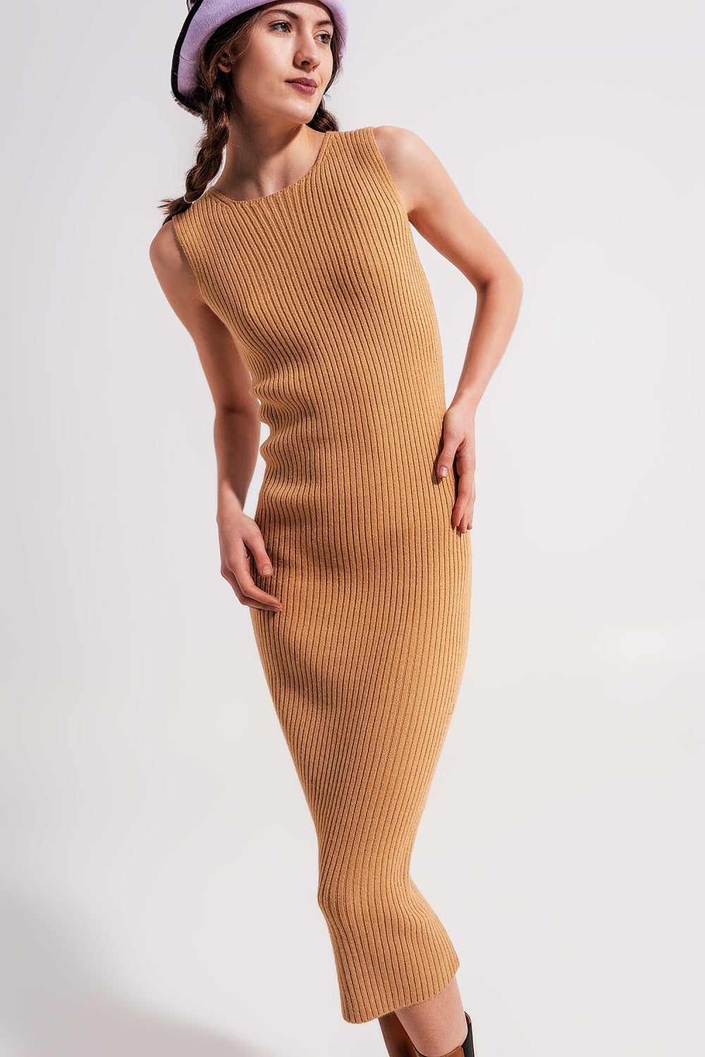 Crew neck ribbed midi dress in beige - dress