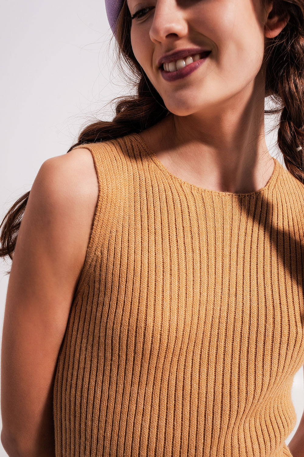 Crew neck ribbed midi dress in beige - dress