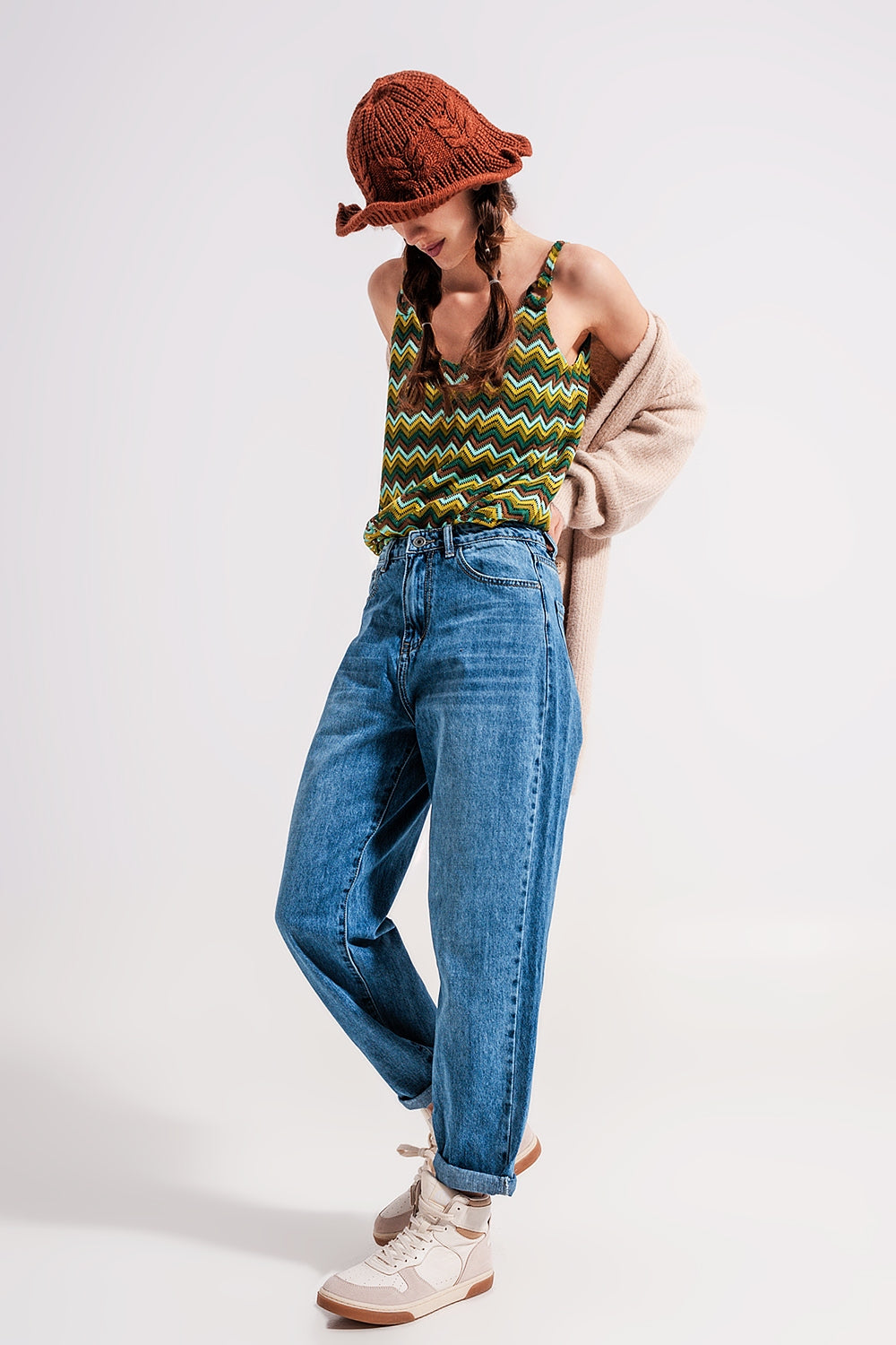 Cotton high waist mom jeans in medium blue - Denim