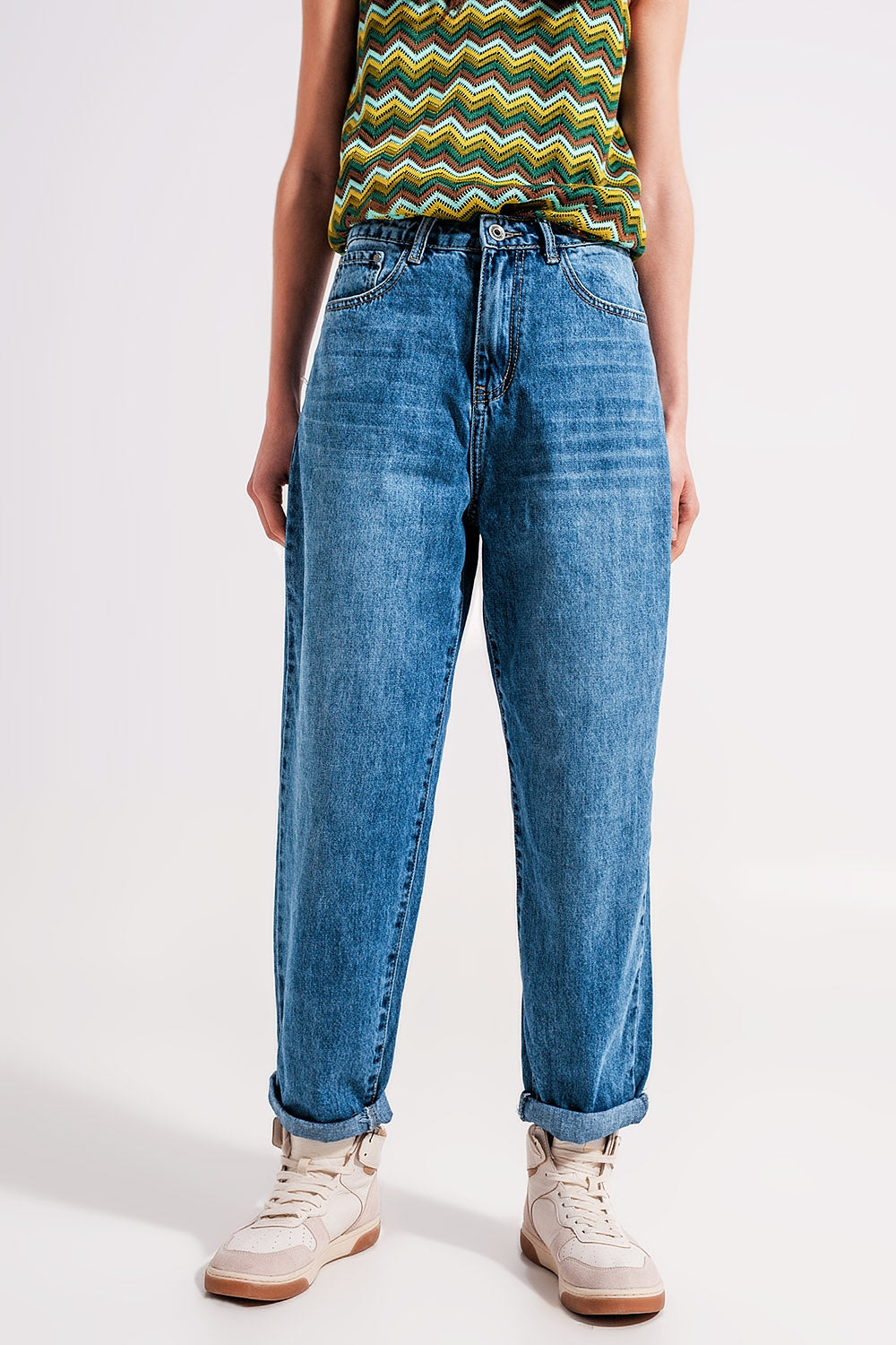 Cotton high waist mom jeans in medium blue - Denim