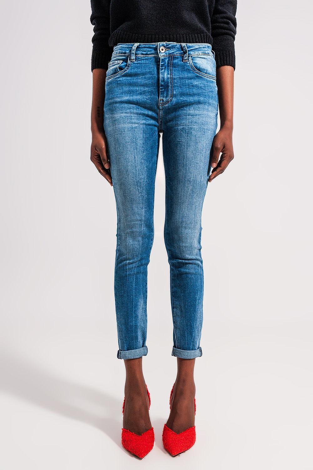 High waist Elastic skinny jeans in mid blue