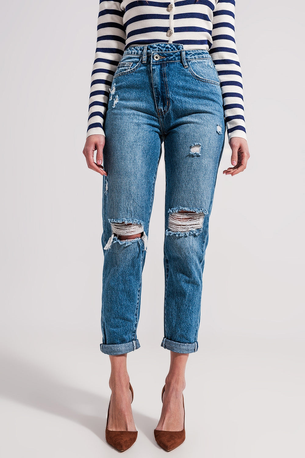 Asymmetric button detail jeans in mid blue - Denim
