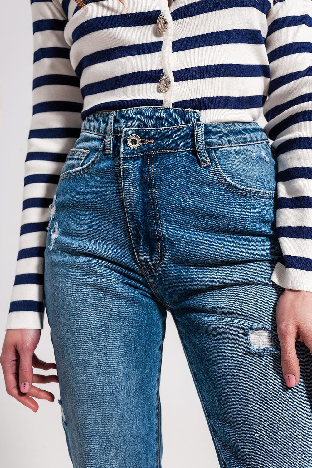 Asymmetric button detail jeans in mid blue - Denim