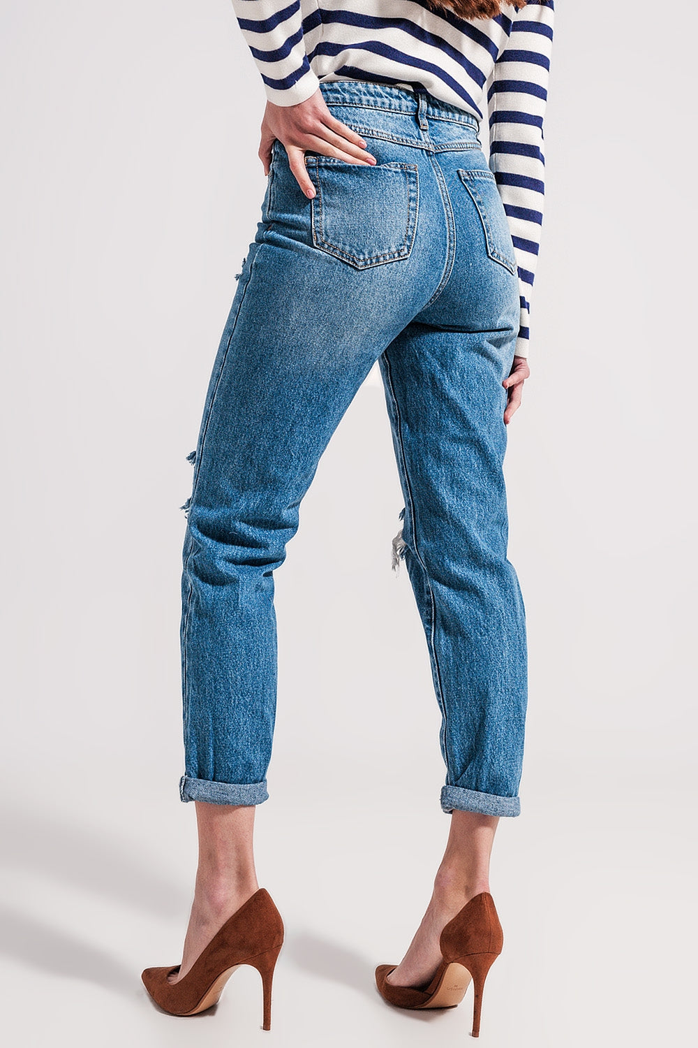 Asymmetric button detail jeans in mid blue - Denim