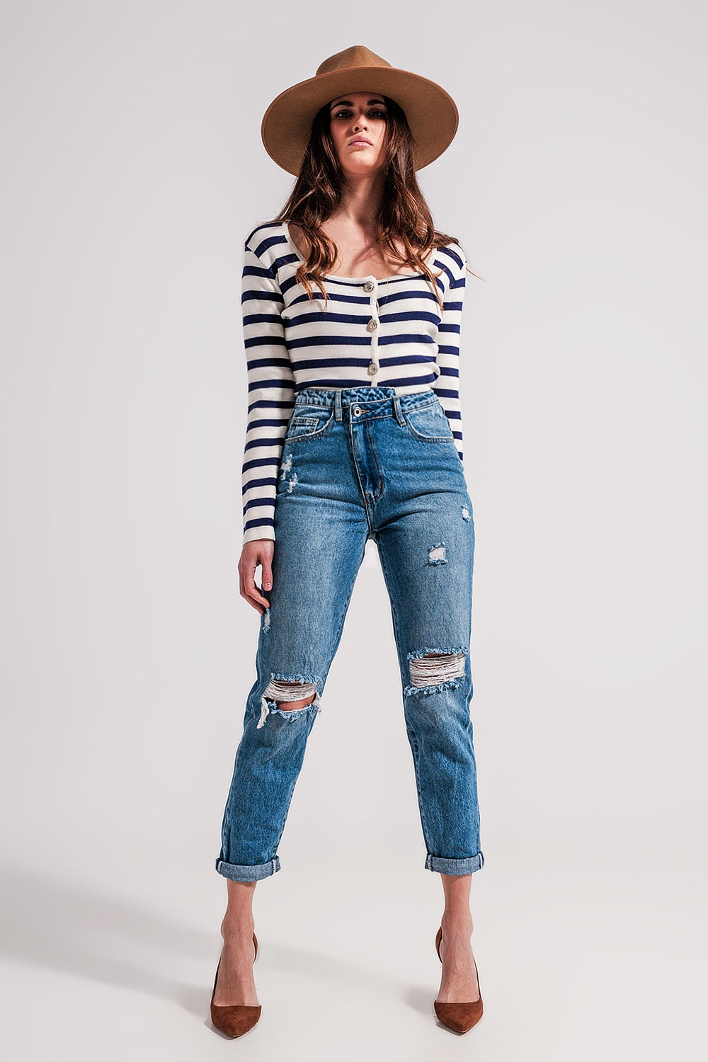 Asymmetric button detail jeans in mid blue - Denim