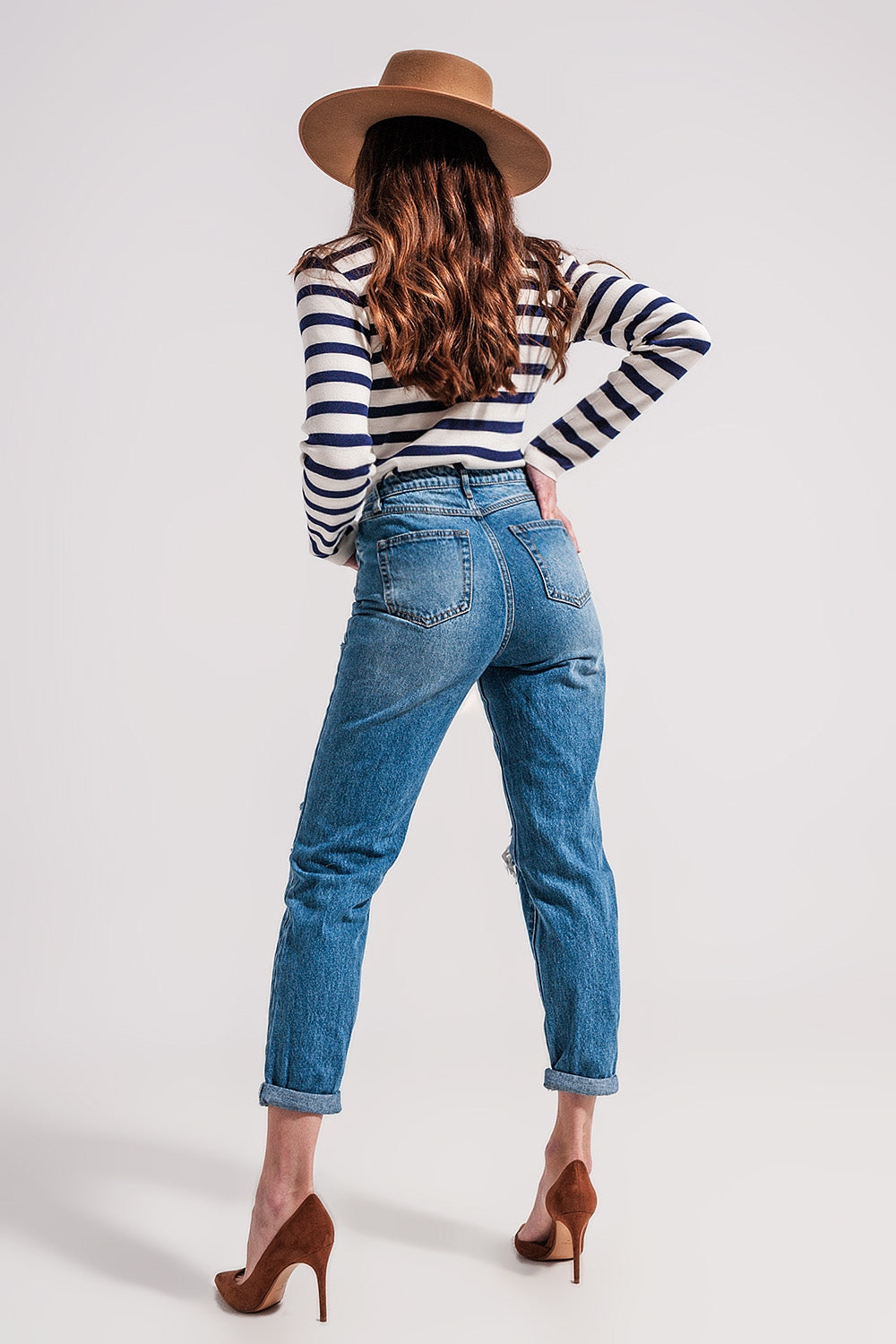 Asymmetric button detail jeans in mid blue - Denim
