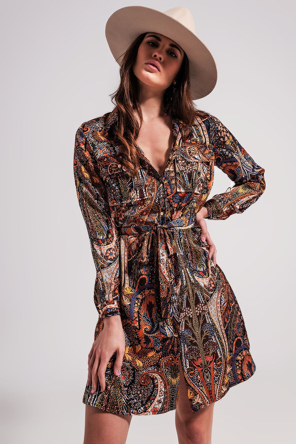 Long Sleeve paisley mini Dress in black - dress