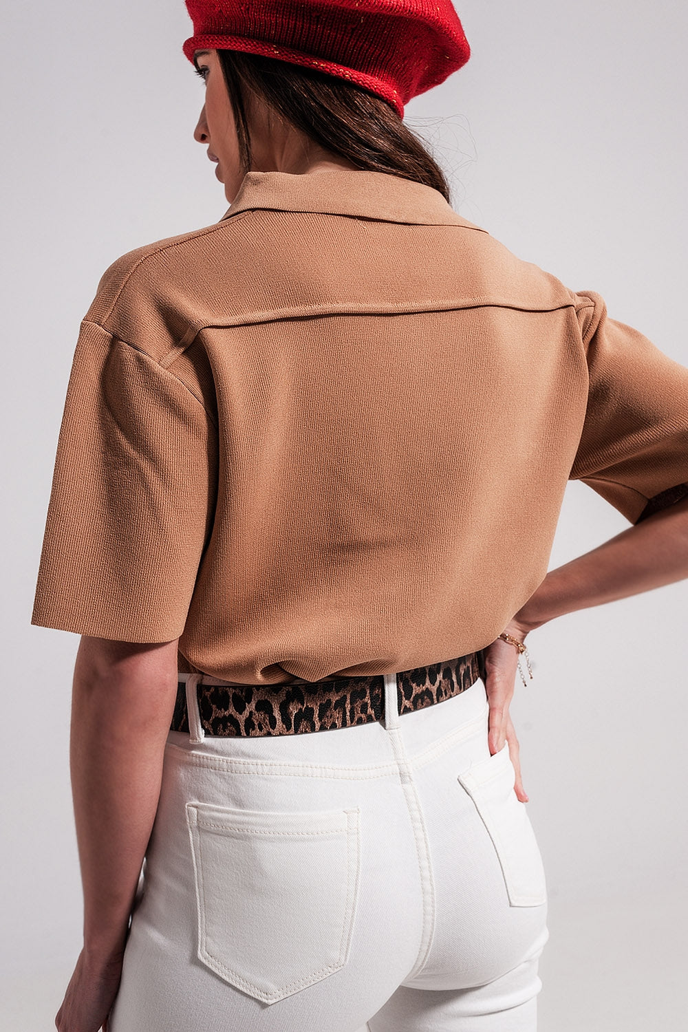 Camel knit short sleeve jumper