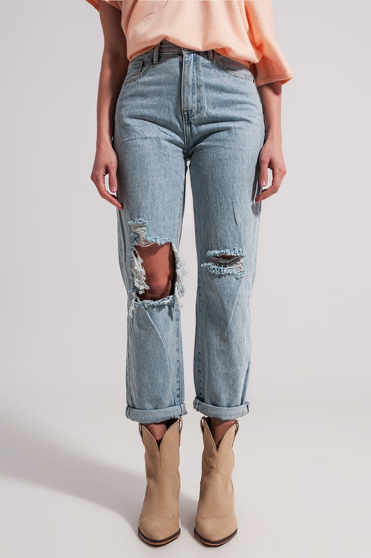 High rise mom jeans in lightwash with rips - Denim
