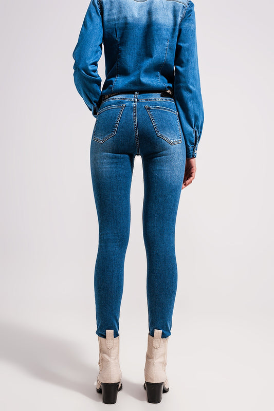 High waisted stretch skinny jeans in mid wash blue - Denim