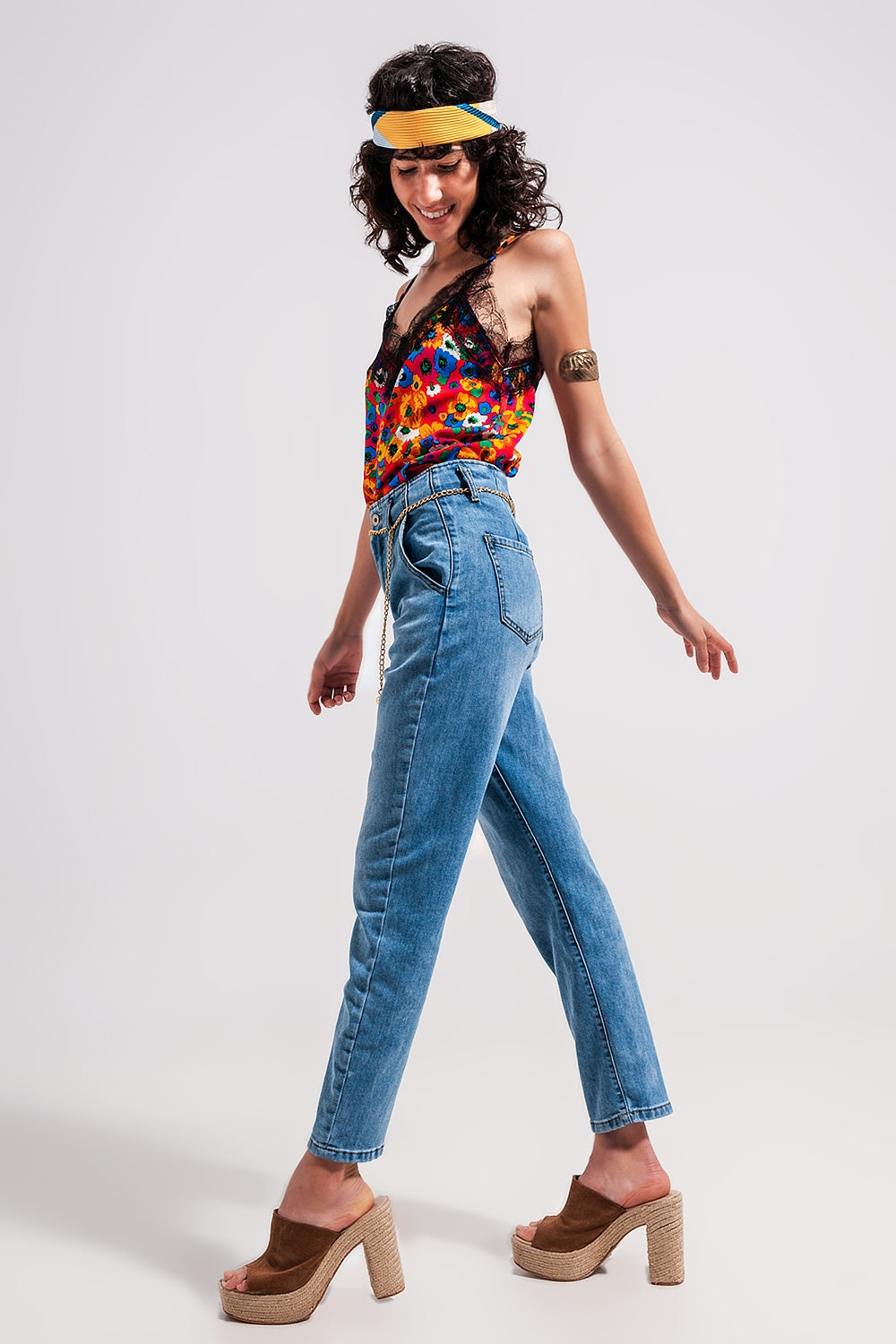 High rise straight leg belt detail jeans in light wash - Denim