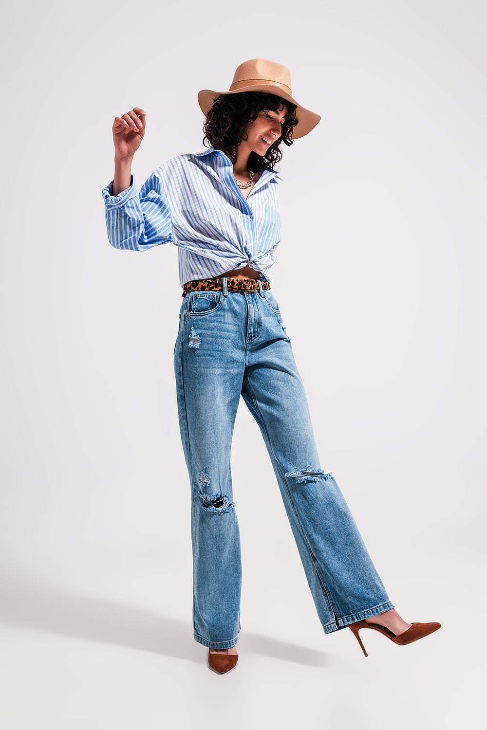 High waist jeans with split hem in vintage wash - Denim