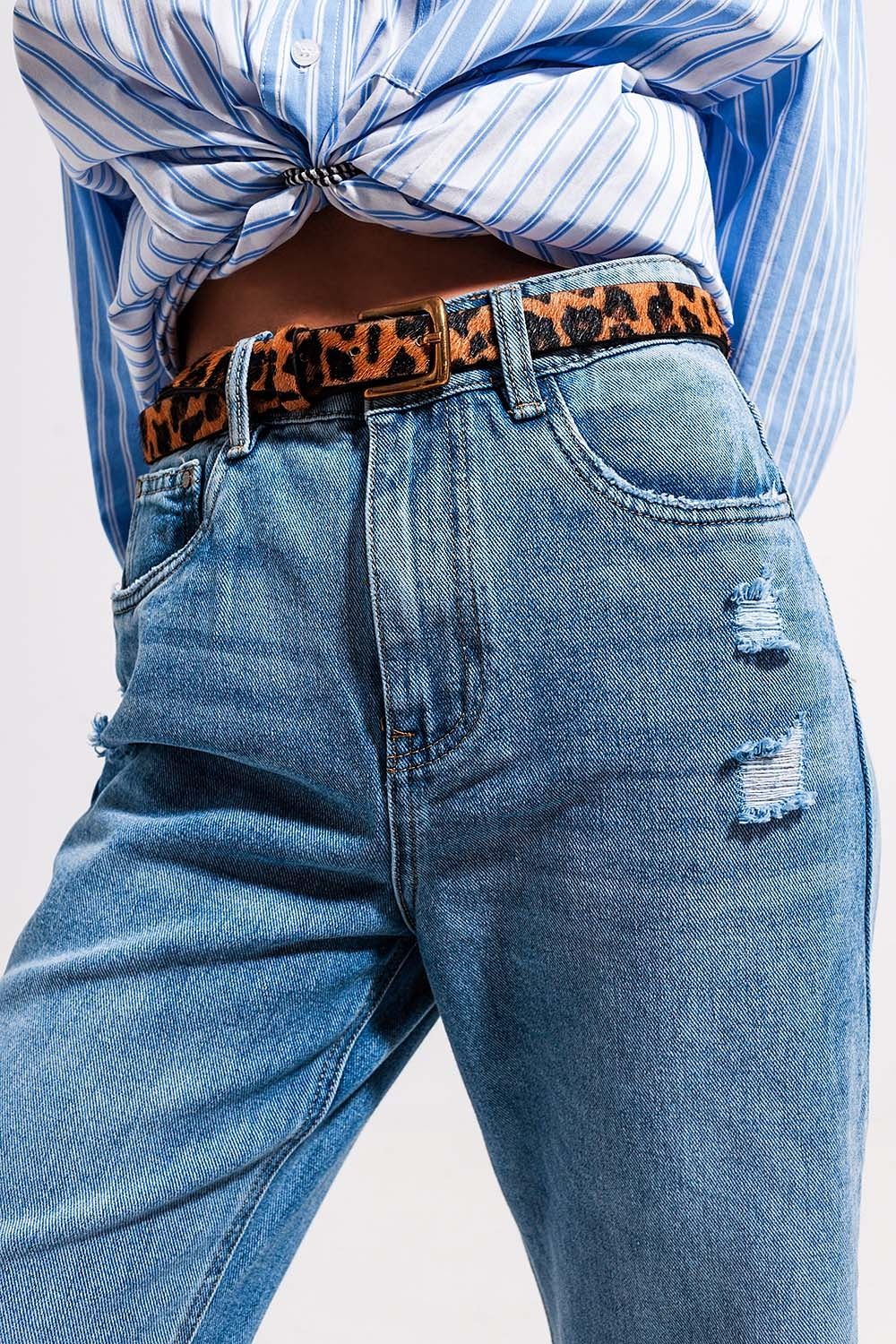 High waist jeans with split hem in vintage wash - Denim