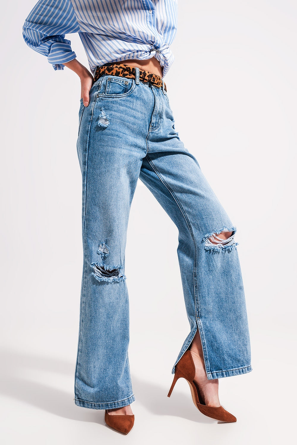 High waist jeans with split hem in vintage wash - Denim