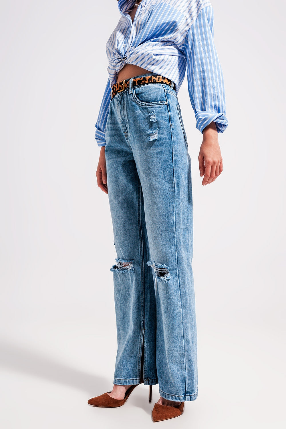 High waist jeans with split hem in vintage wash - Denim