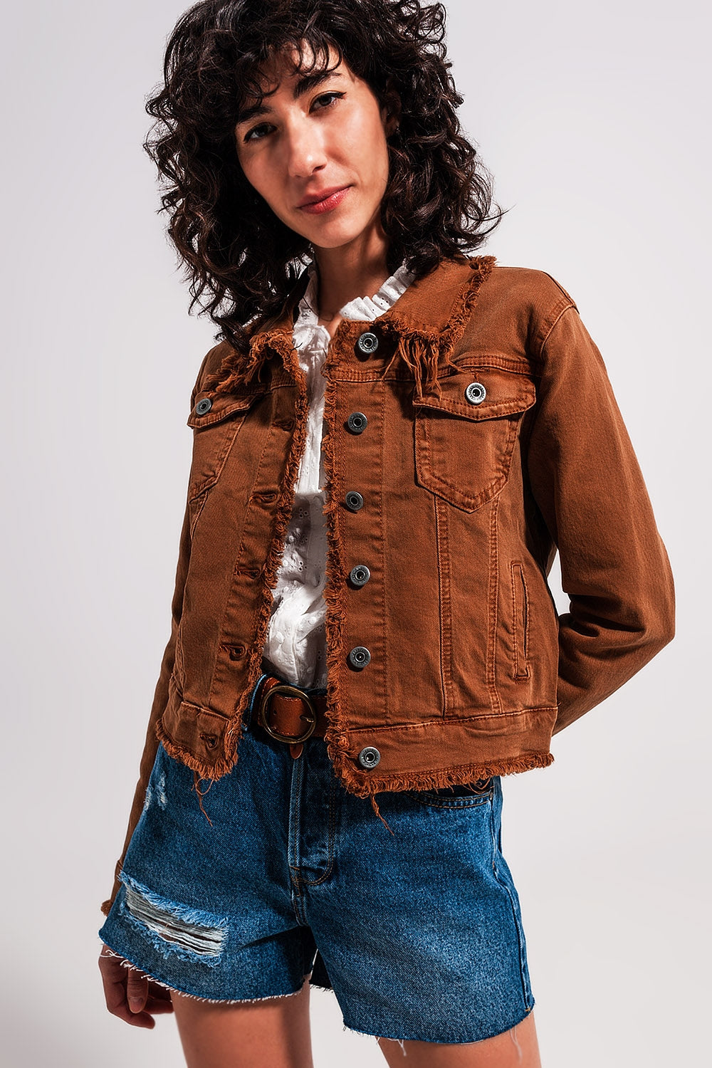 Raw edge denim jacket in brown