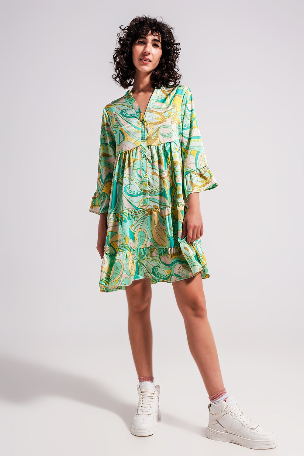3/4 sleeve mini dress in green - dress