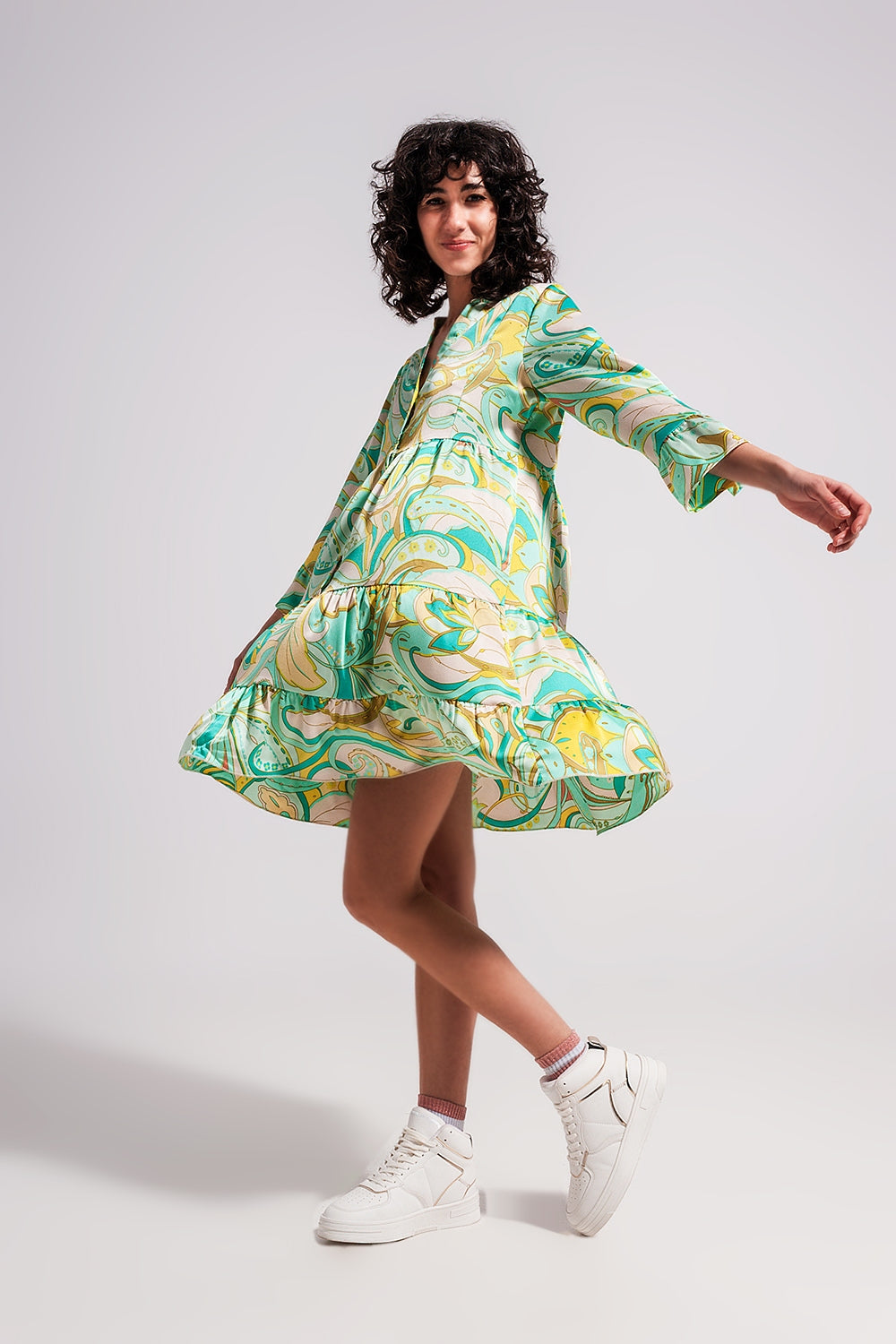 3/4 sleeve mini dress in green - dress