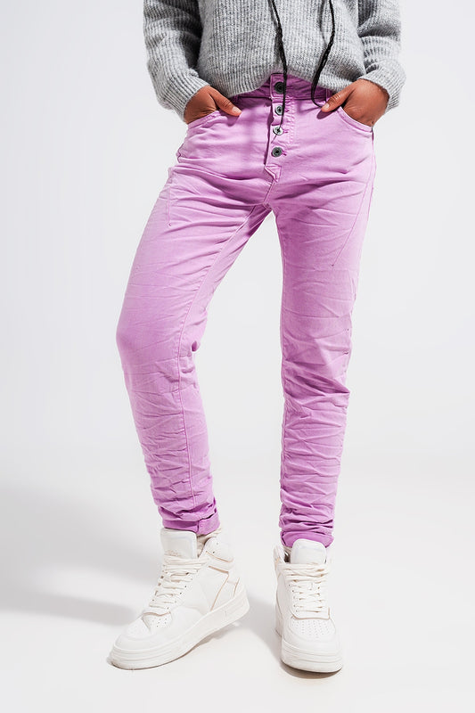 Exposed buttons skinny jeans in pink - Coloured Jeans
