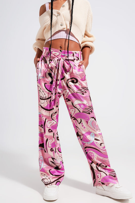 Wide leg pants with belt in pink - trousers