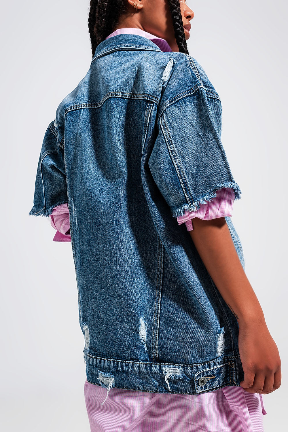 Oversized distressed short sleeves denim jacket