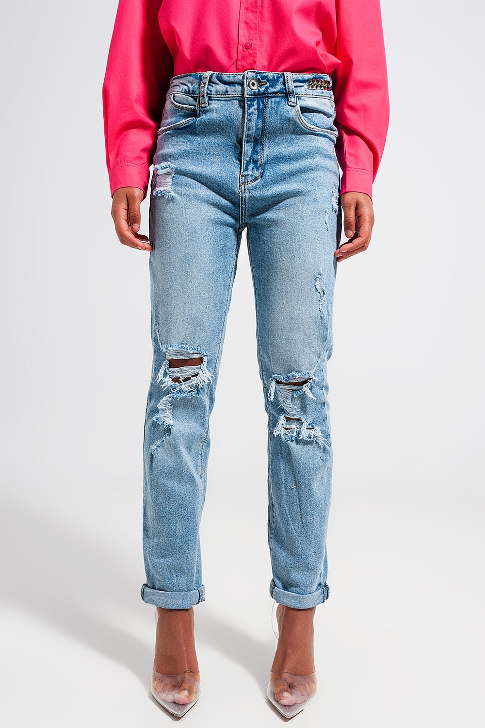 Light blue double rip jeans - Denim