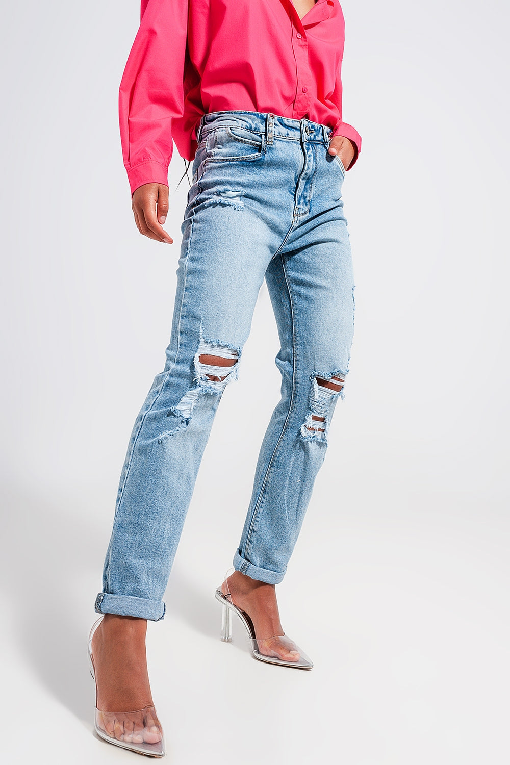 Light blue double rip jeans - Denim
