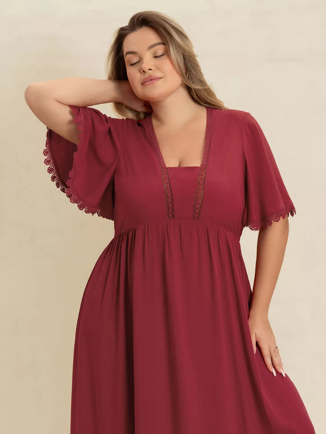 Plus Size Lace Detail Flutter Sleeve Maxi Dress -