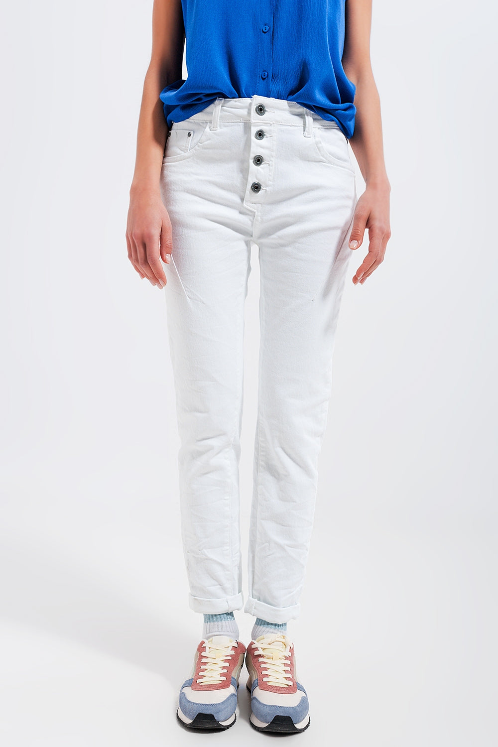 Exposed buttons skinny jeans in white - Coloured Jeans