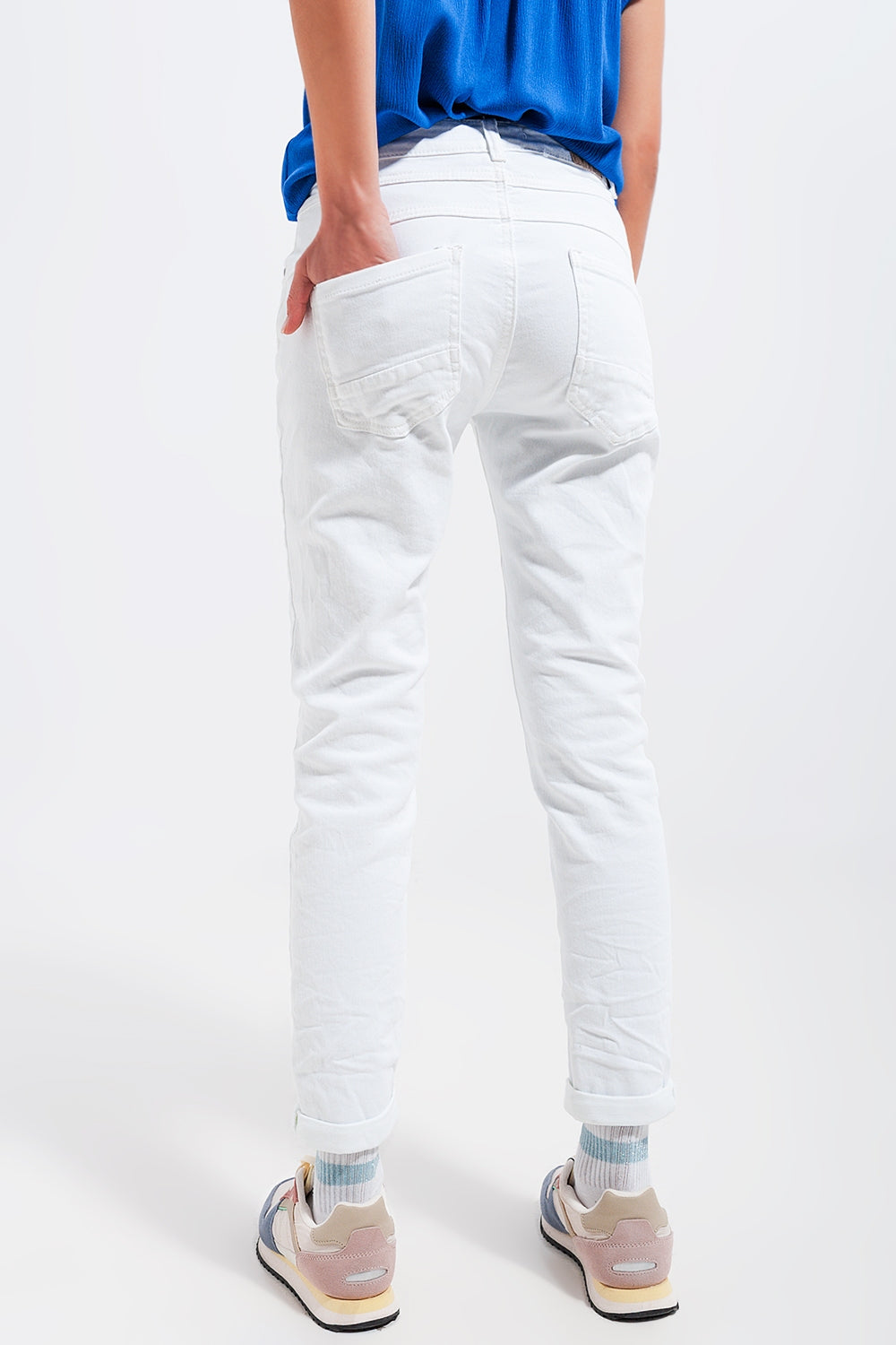 Exposed buttons skinny jeans in white - Coloured Jeans