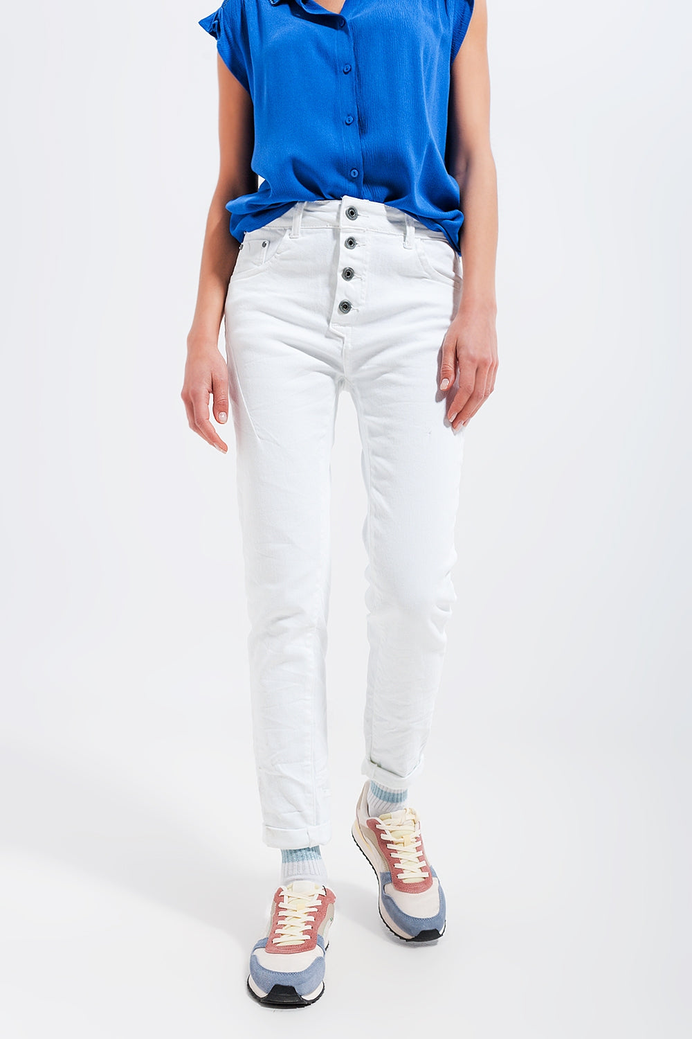 Exposed buttons skinny jeans in white - Coloured Jeans