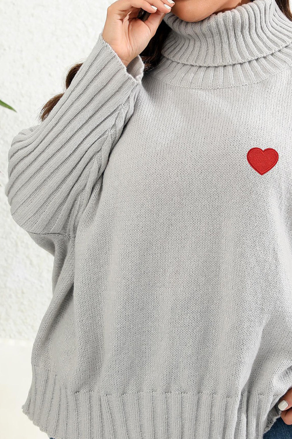 Plus Size Turtle Neck Jumper with Heart Patch - Sweaters