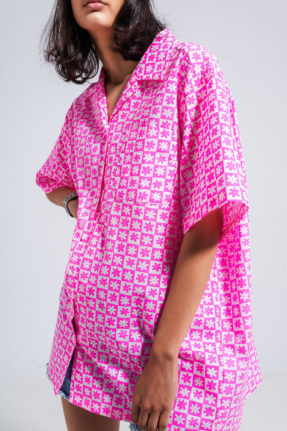 Oversized short sleeve shirt in bright pink - dress, Shirts