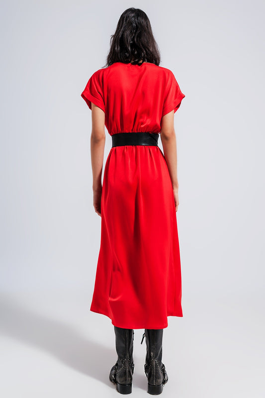 Short sleeve satin maxi dress in red - dress