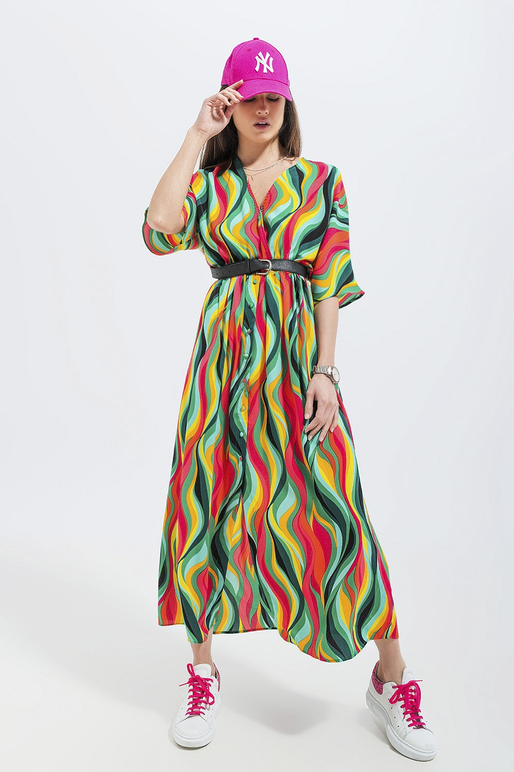 Shirt dress in green abstract swirl print - dress