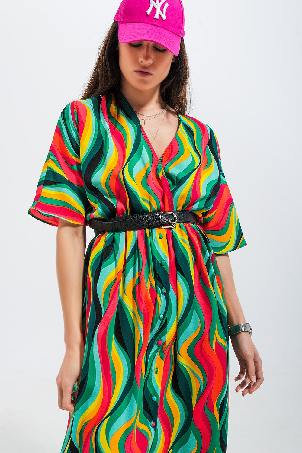 Shirt dress in green abstract swirl print - dress