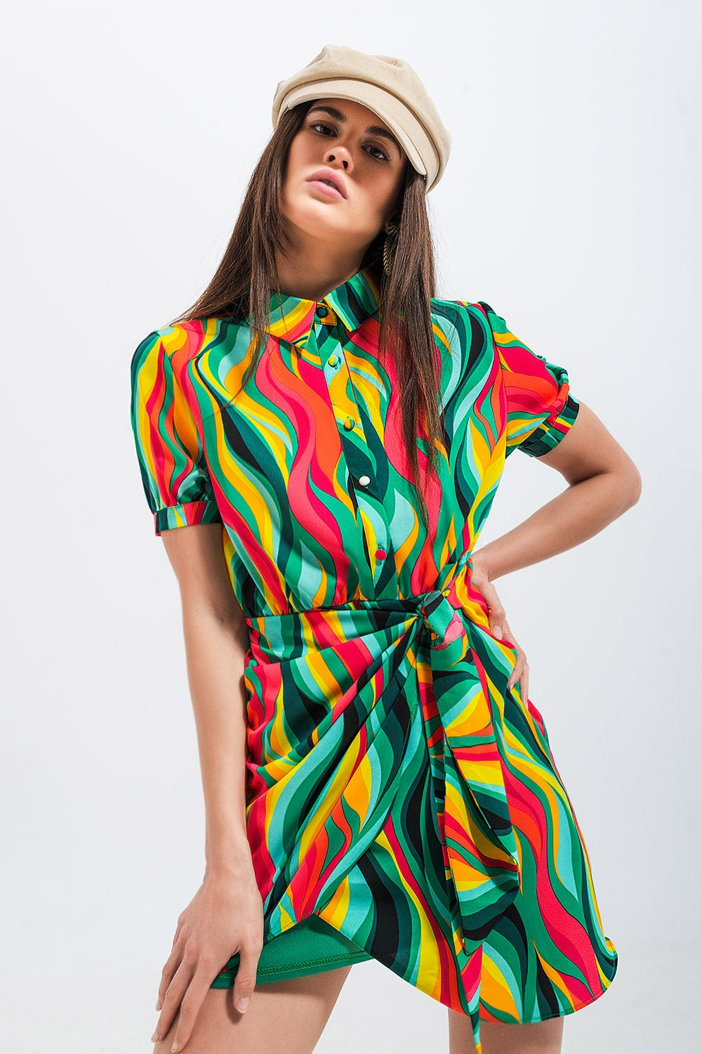 Mini wrap shirt dress in green swirl print - dress