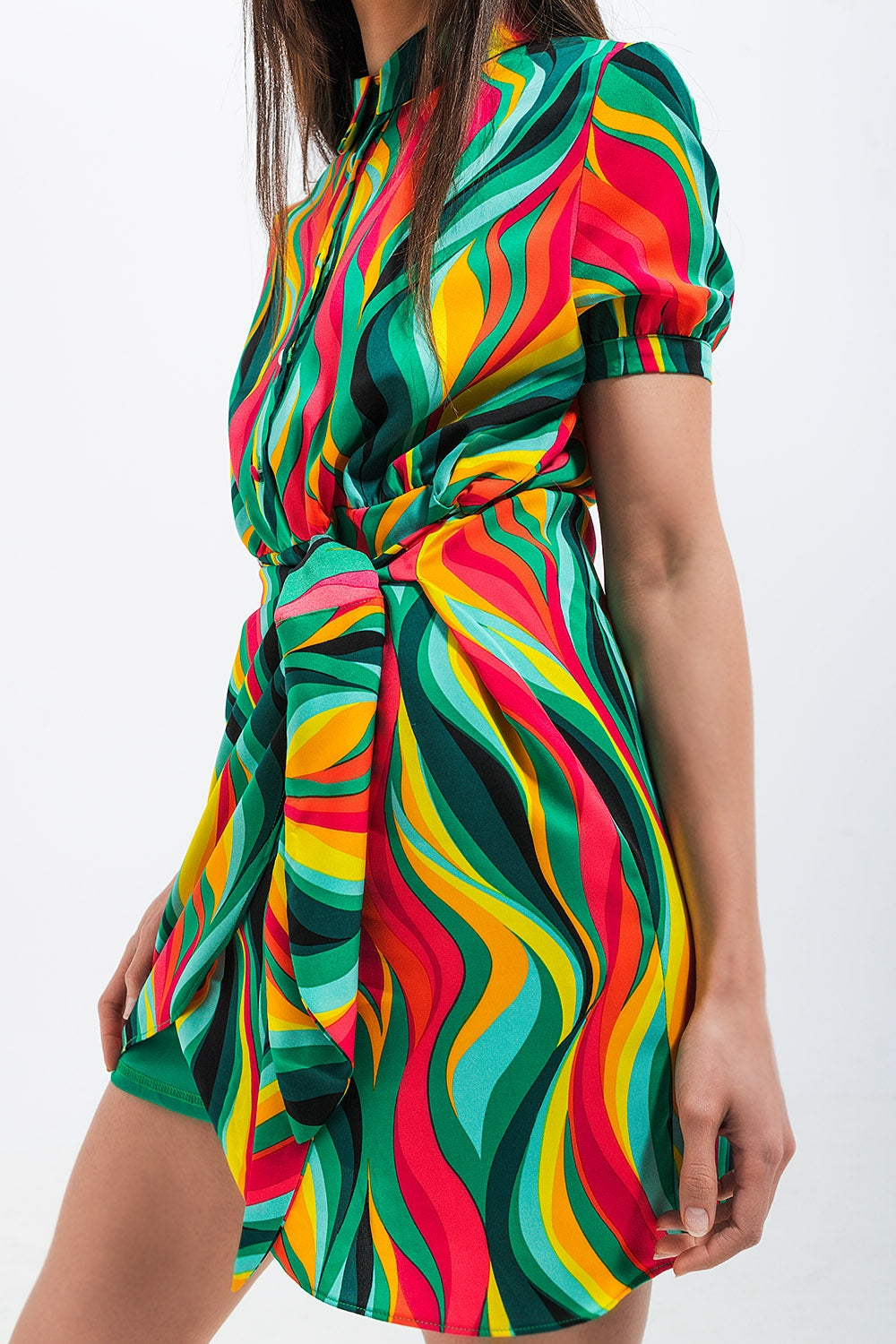 Mini wrap shirt dress in green swirl print - dress