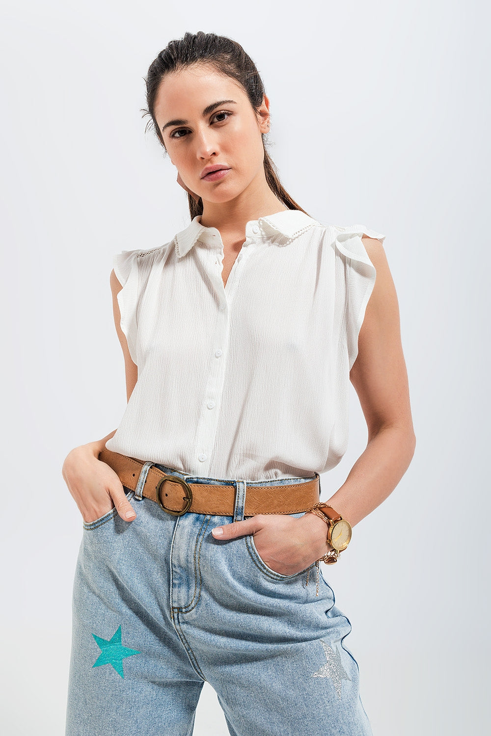 Blouse with frill sleeve in white - Shirts