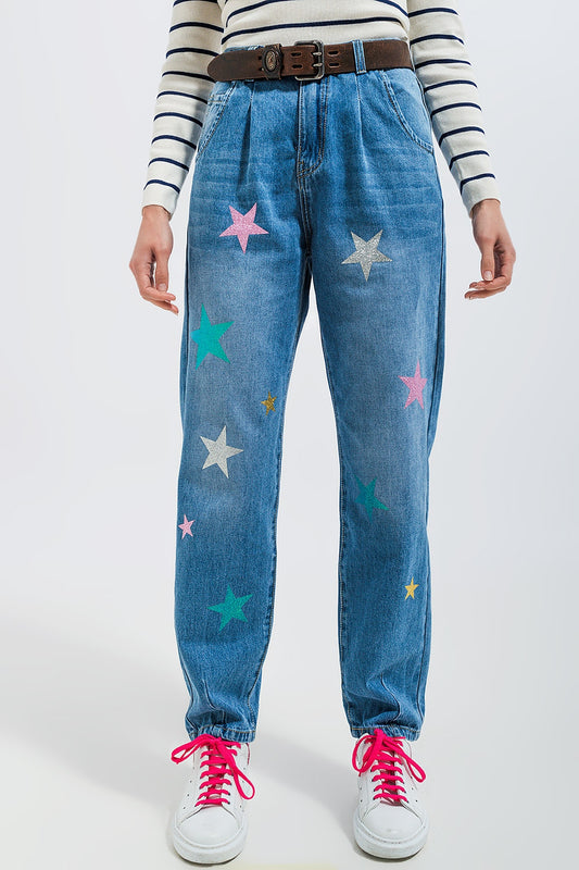 High waist slouch jean with pleat front with star print - Denim