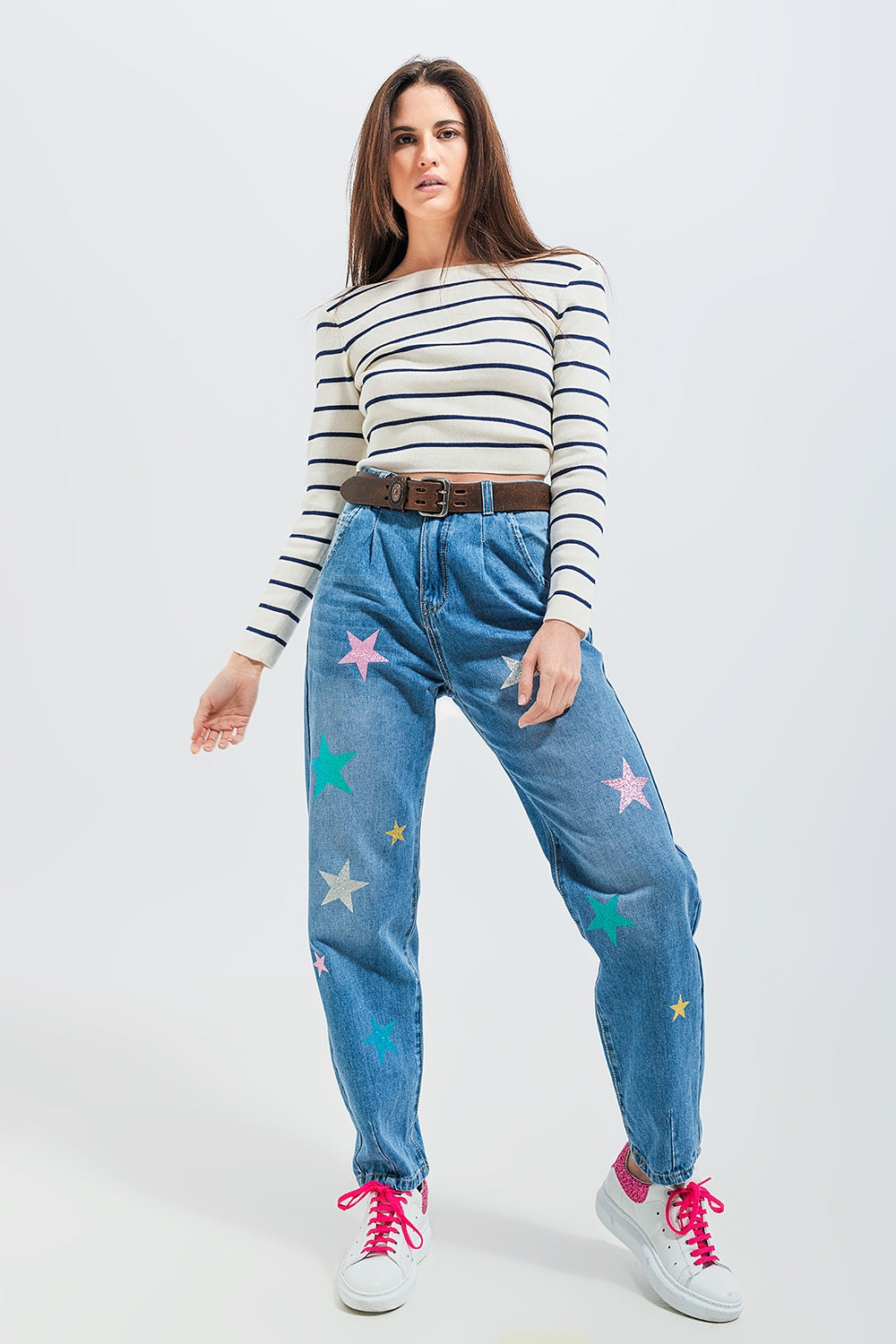 High waist slouch jean with pleat front with star print - Denim