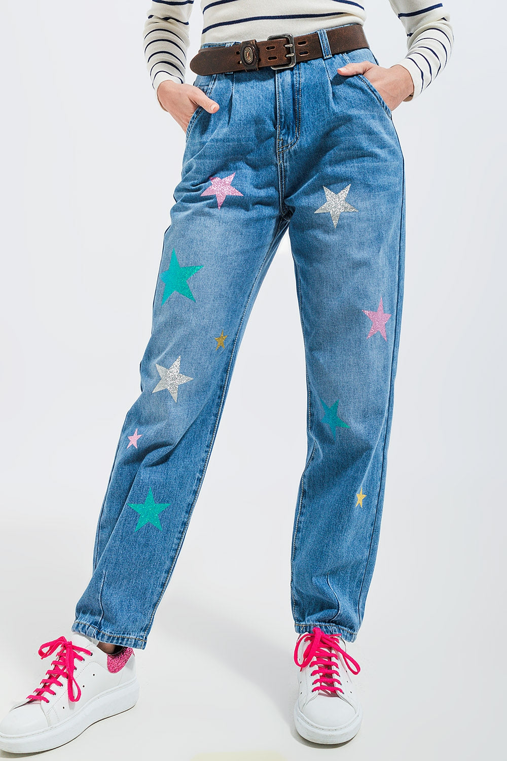 High waist slouch jean with pleat front with star print - Denim