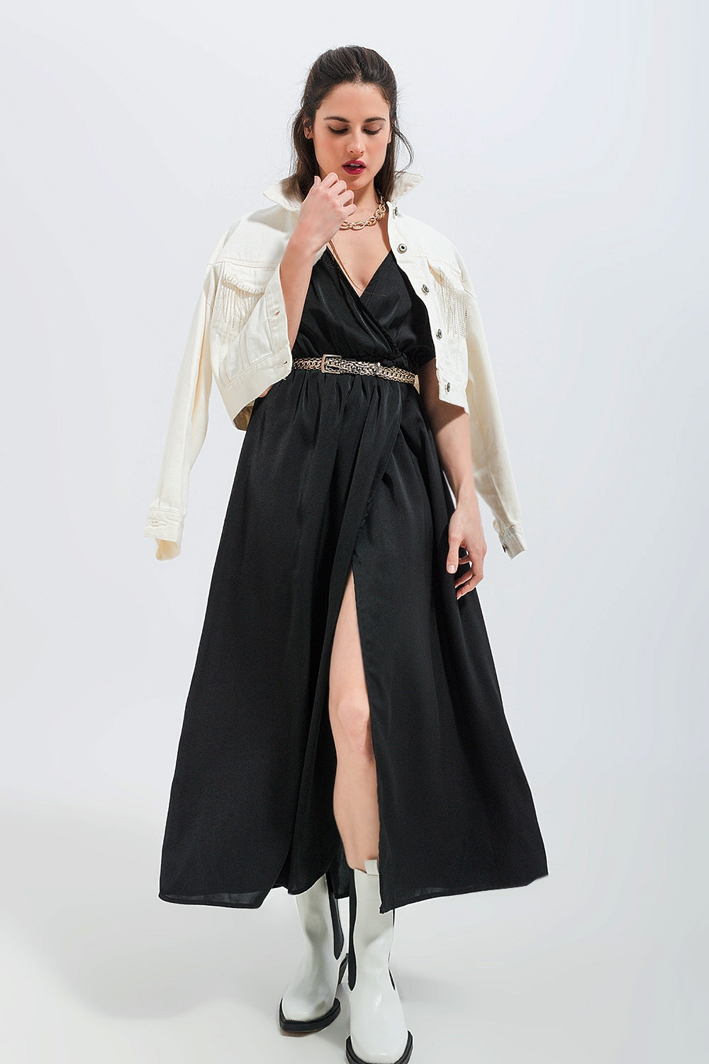 Short sleeve satin maxi dress in black - dress
