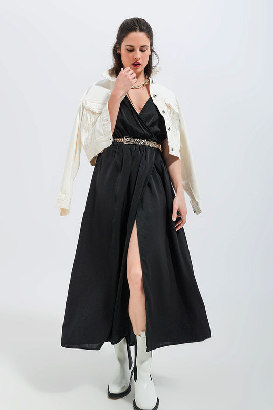 Short sleeve satin maxi dress in black - dress