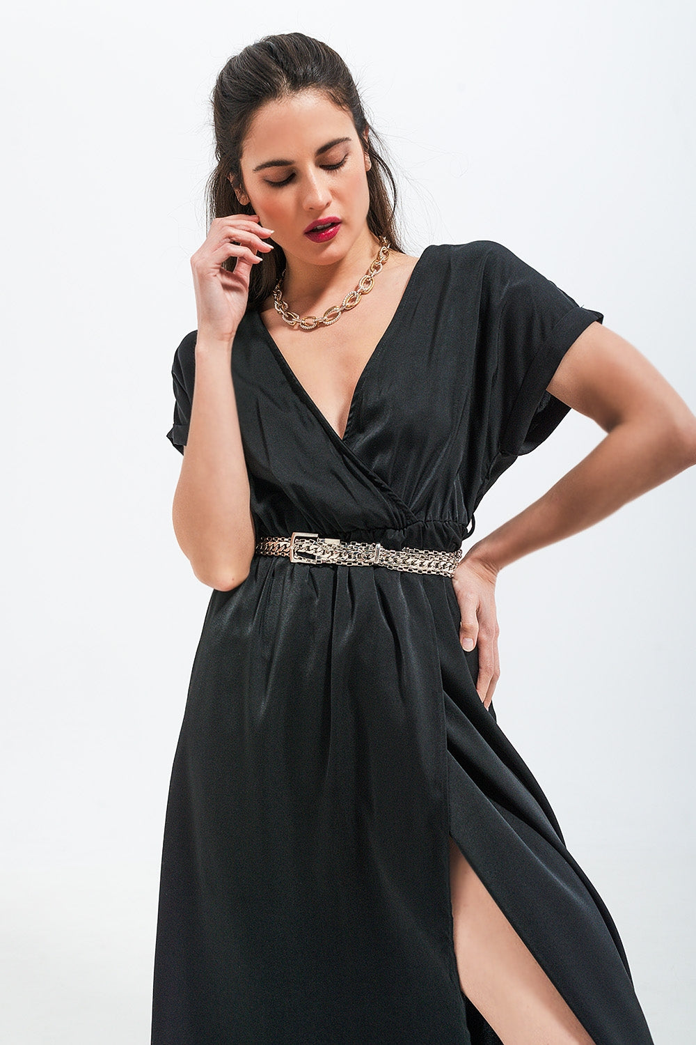 Short sleeve satin maxi dress in black - dress