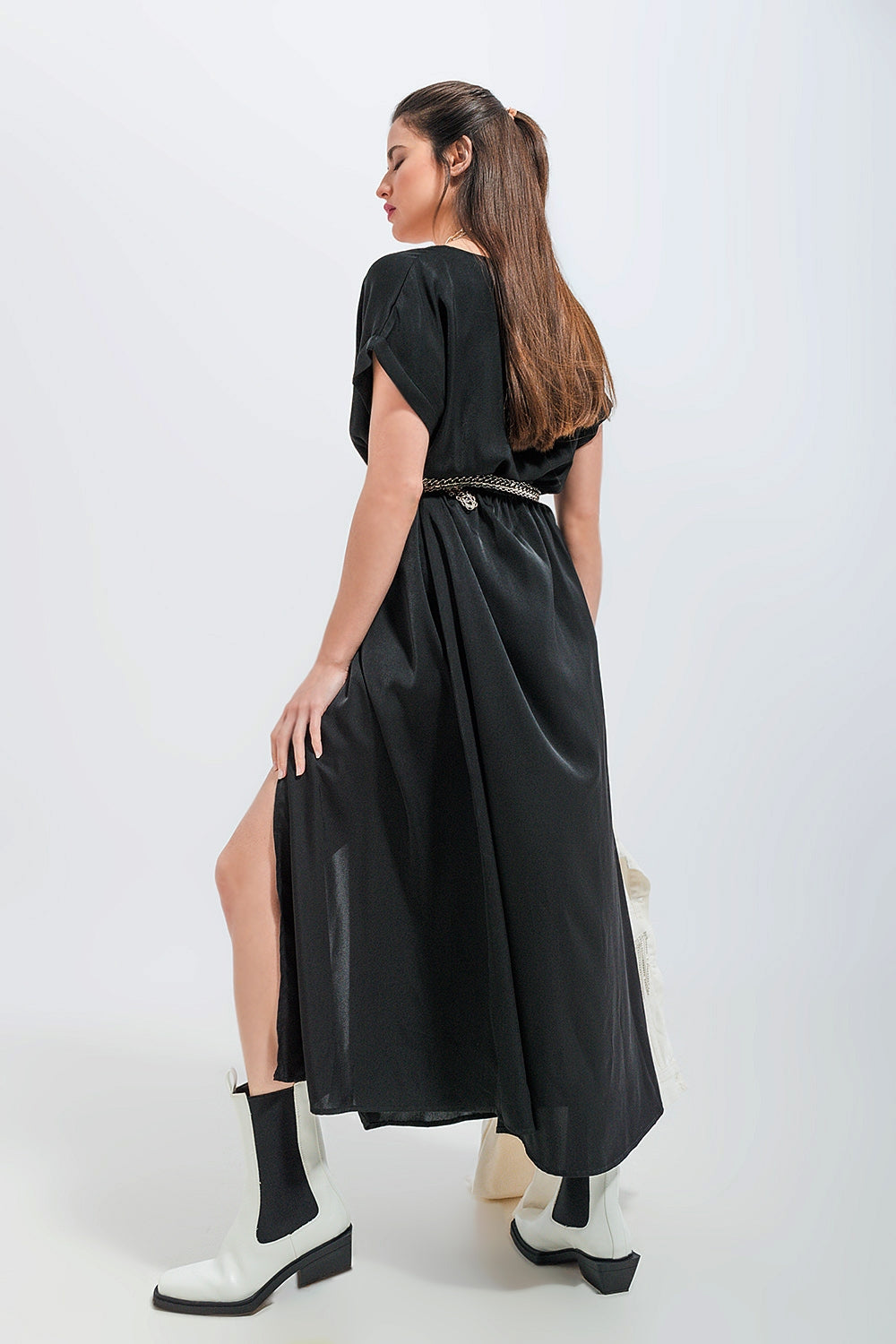 Short sleeve satin maxi dress in black - dress