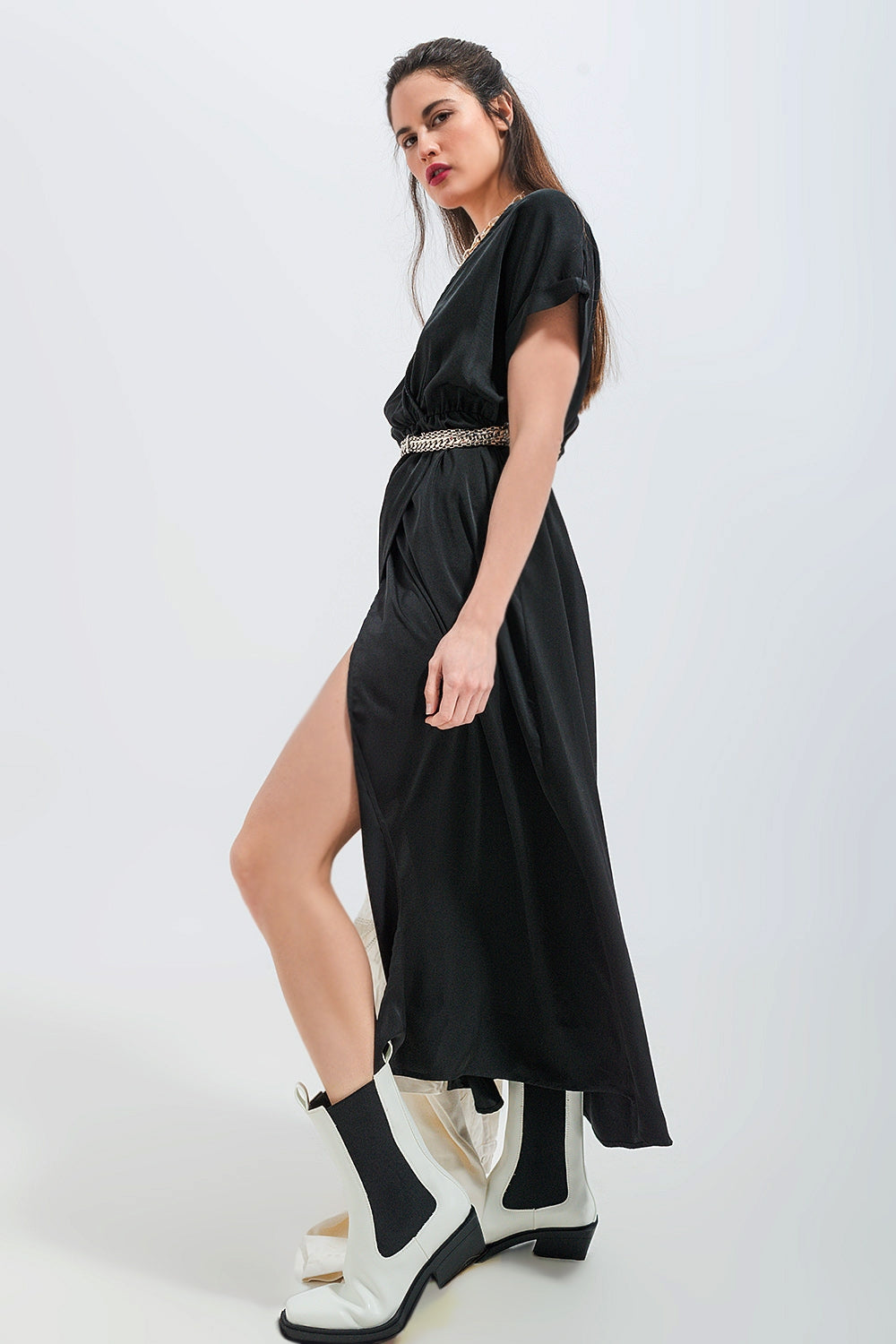 Short sleeve satin maxi dress in black - dress