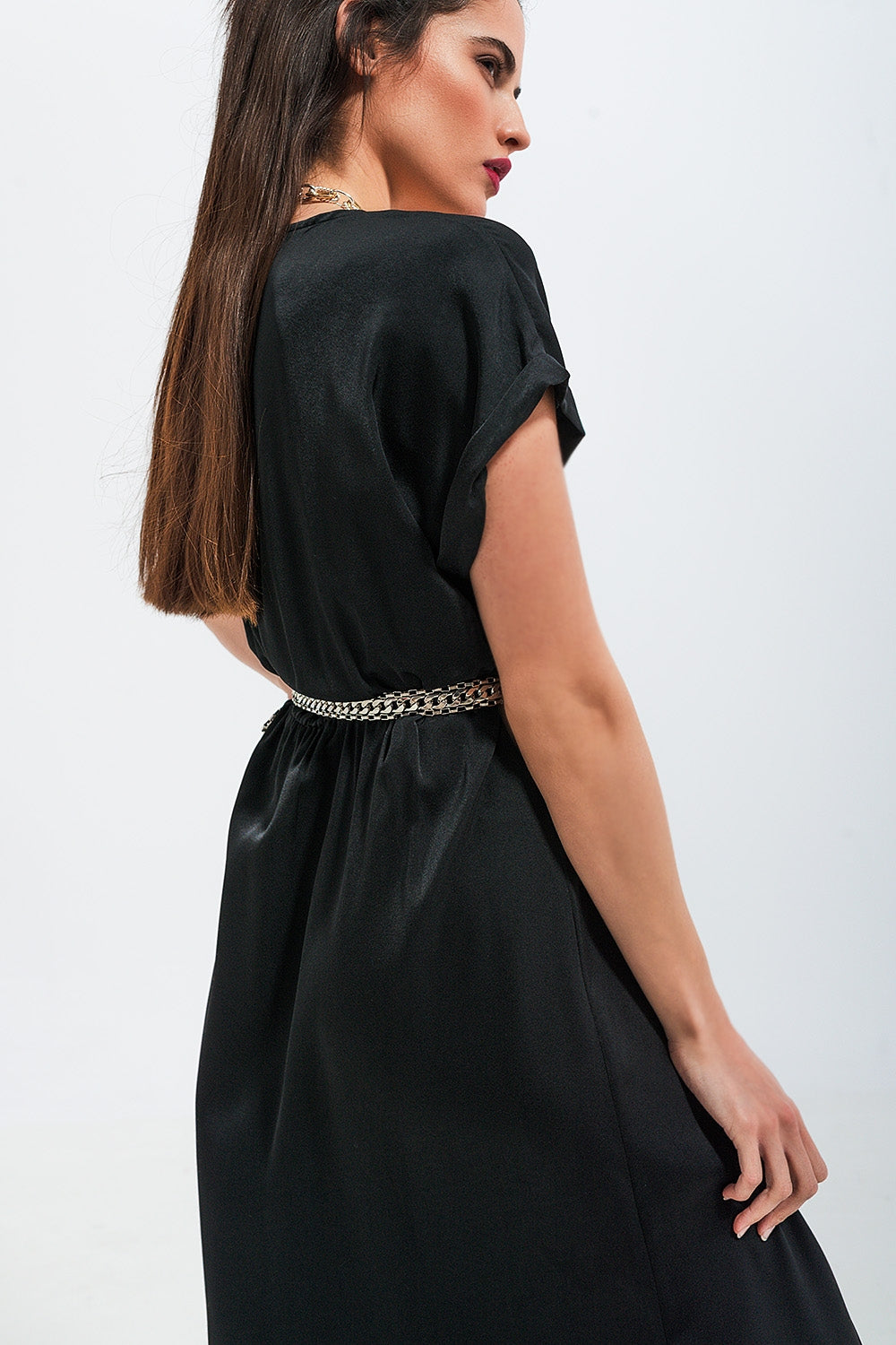 Short sleeve satin maxi dress in black - dress